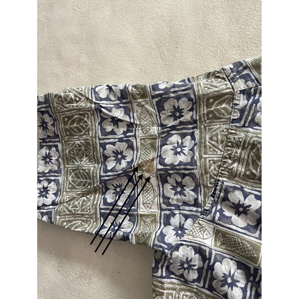 Woolrich Mens Blue Olive Cotton Block Print Floral Fish Short Sleeve Shirt M - Picture 6 of 10